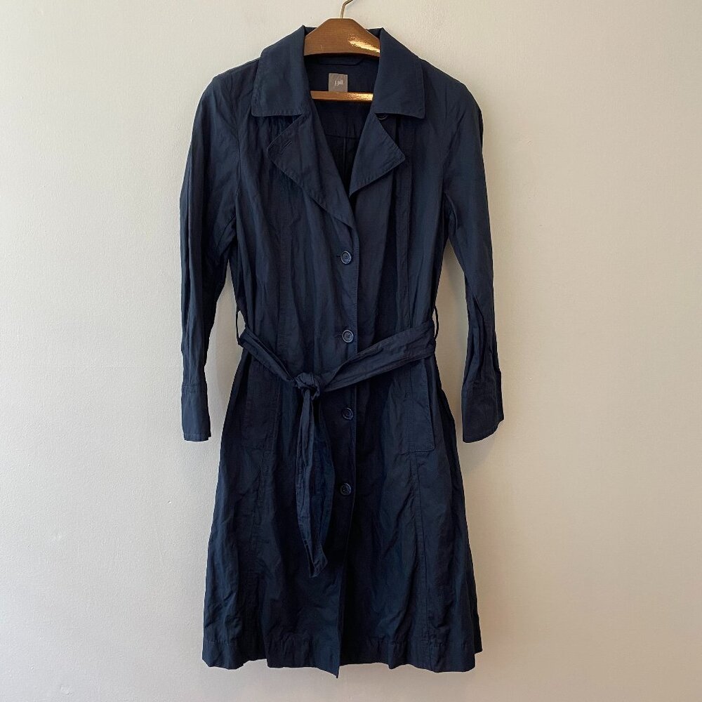 J Jill Navy Blue Button Trench Jacket Belted Womens Medium Petite